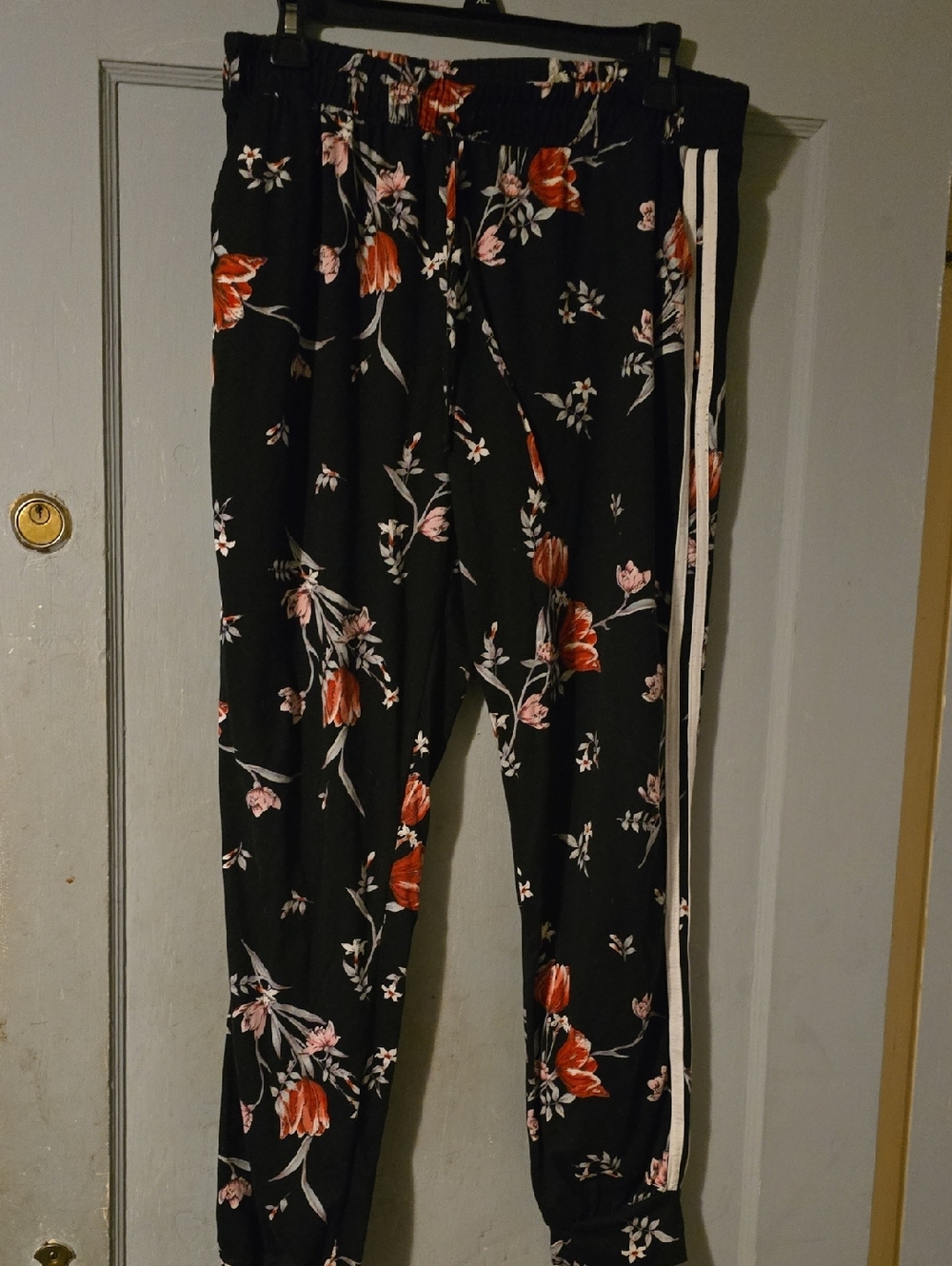 Floral Black Jogger Pants with Side Stripe